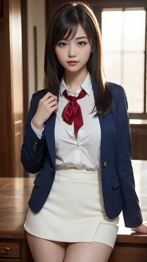 ((masterpiece, Highest Quality, high resolution)), Japanese ******girl、(realistic: 1.4), smile、great face,glossy lips、******, ponytail、(beautiful hair:1.5), Japanese High School Uniform、beautiful breasts、( navy blue blazer、 Navy Blue Jacket)、(white dress s...