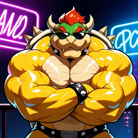 Alone, bowser, big muscles, muscular arms, Looking at the spectator, Very detailed, masterpiece, great quality, posing, crossing arms, bara, yellow body, scales, Big pecs, daddy, angry, Big biceps, neon lights, front view, sunglasses, leather daddy, only t...