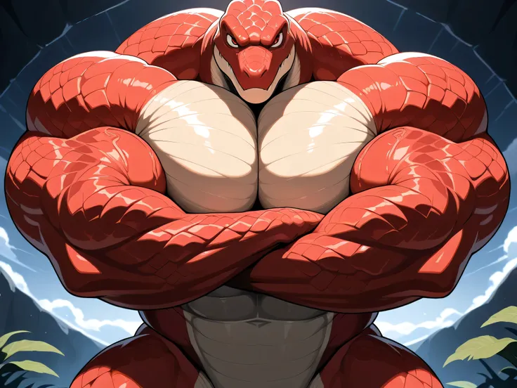 Alone, Dinosaur, big muscles, thick legs, muscular arms, Looking at the specter, Very detailed, masterpiece, great quality, bara, muscular pecs, Big pecs, pec focus, looking at viewer, chest focus, front view, serious, red body, scales, red eyes, crossing...