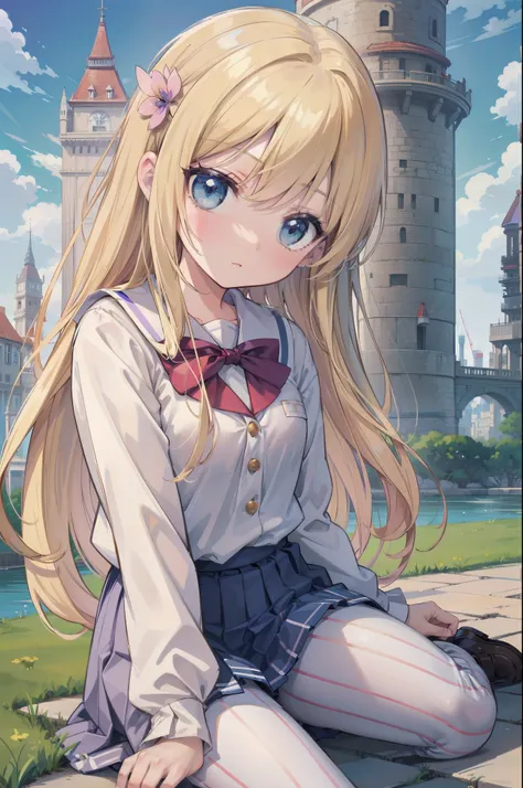 Gently stare, by krenz Cassiato , Asuka, is sitting, Asuka, anime styleイラスト, official art, high quality anime-style art, high resolution, anime style, (summer school uniform:1.2), (face close-up:0.8), (NSFW:1.1), ( blond and blue eyed), head accessory, (...
