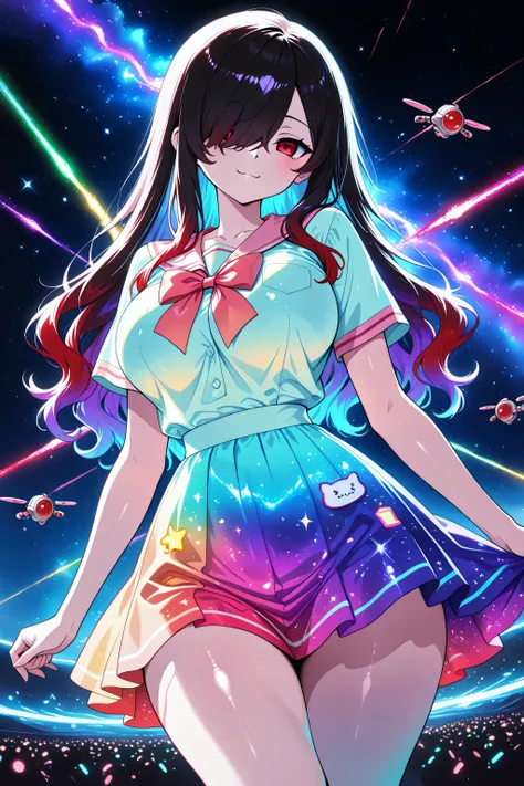 1 girl, Kuroki Monika, red eyes, gradient hair, black hair, red hair, long hair, asymmetrical hairline, hair over right eye, ((large breasts)), (petite but curvy), very cute, lovely,, Colorful summer School uniform Clothes, Colorful summer School uniform...