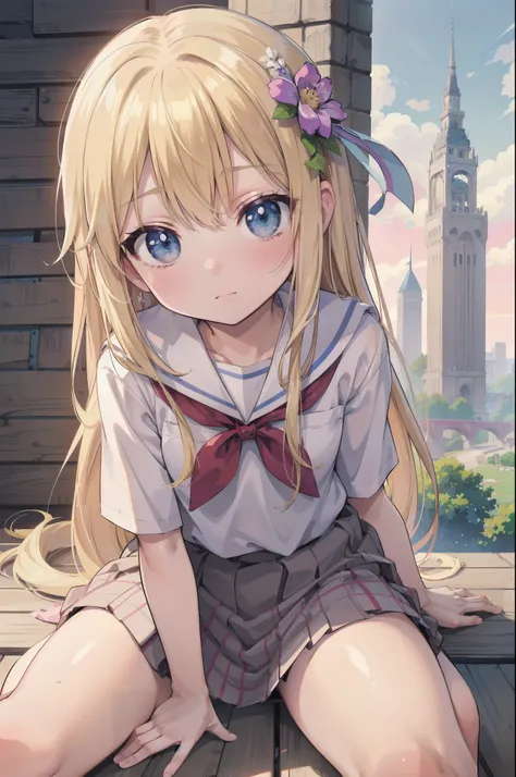 Gently stare, by krenz Cassiato , Asuka, is sitting, Asuka, anime styleイラスト, official art, high quality anime-style art, high resolution, anime style, (summer school uniform:1.2), (face close-up:0.8), (NSFW:1.1), ( blond and blue eyed), head accessory, (...