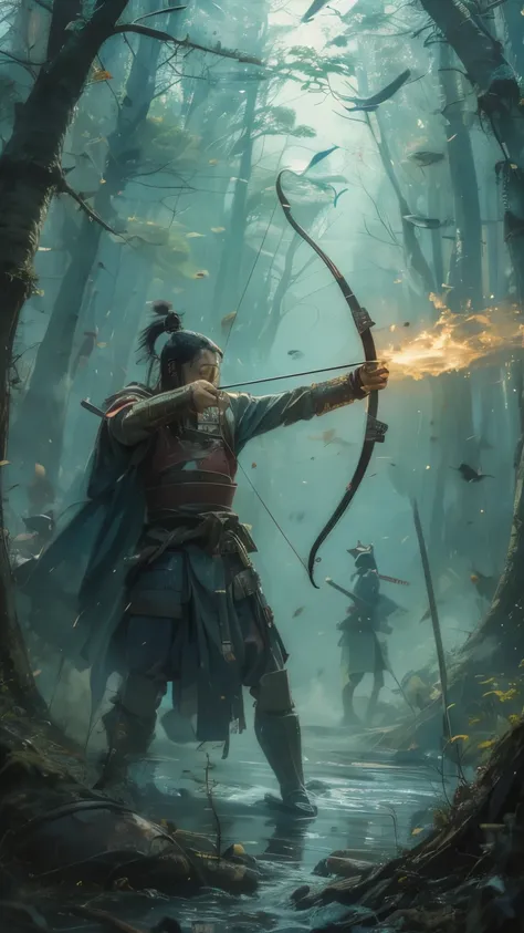 Highest Quality、very detailed、 Japan in the Heian Period、a Japanese warlord、He's a master archer、He's wearing an armor helmet、