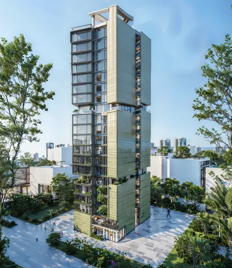 Tall , outstanding, 20 floor Apartment building by BIG, surrounded by small houses, villa, lawn, walkways. Realistic. people on walkways, roof top gardens, in acity