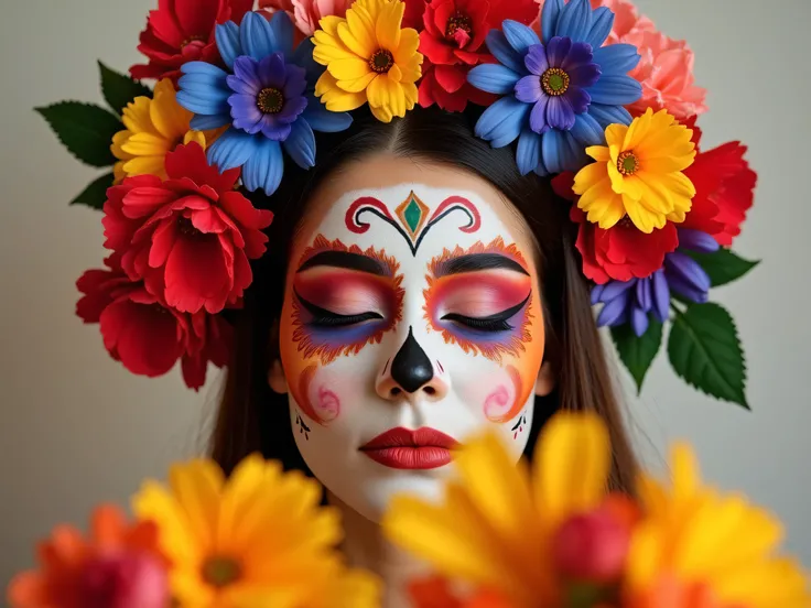 A close-up portrait of a woman's head only, with elaborate colorful makeup inspired by Mexican traditions, surrounded by vibrant multicolored flowers in the foreground. Her eyes are closed peacefully, and the background is soft and neutral to emphasize the...