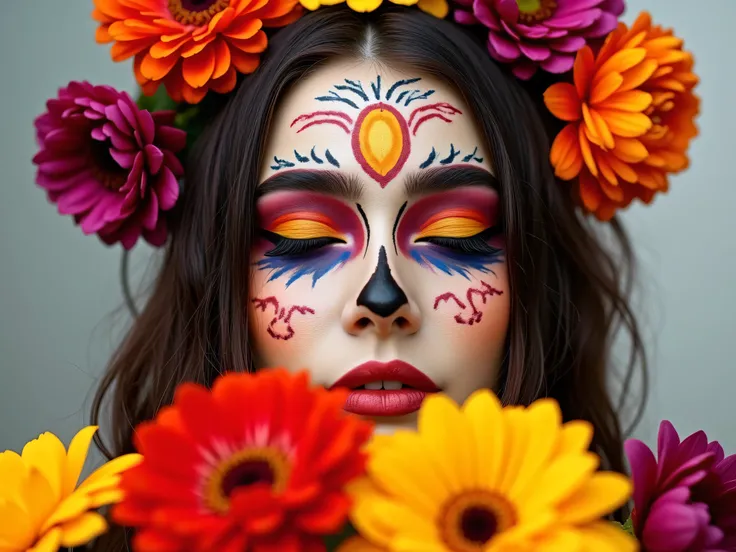 A close-up portrait of a woman's head only, with elaborate colorful makeup inspired by Mexican traditions, surrounded by vibrant multicolored flowers in the foreground. Her eyes are closed peacefully, and the background is soft and neutral to emphasize the...