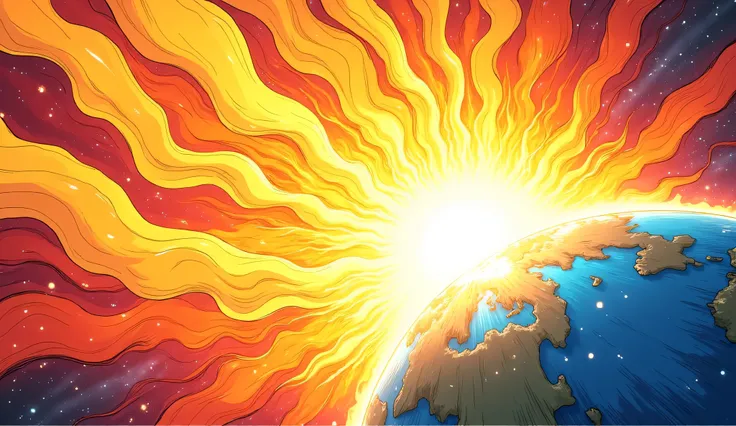 A cartoon style sun exploding in a beam of energy toward Earth, colorful pencil sketch style, bold lines, work of art, best qualityer, 8k, extremely cartoon styling, 16:9 image ratio 