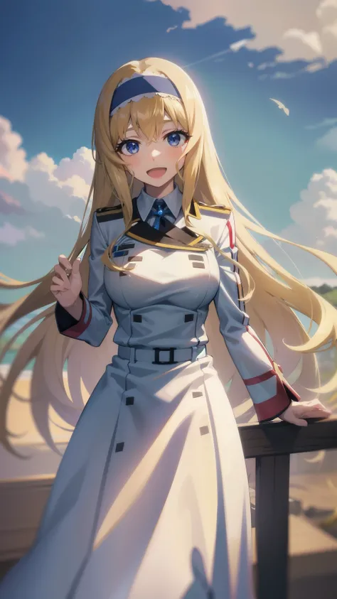 , , solo, ,open mouth,cowboy shot,smile,,long hair,hair band,blonde hair,,,white uniform,long skirt,blue eyes
