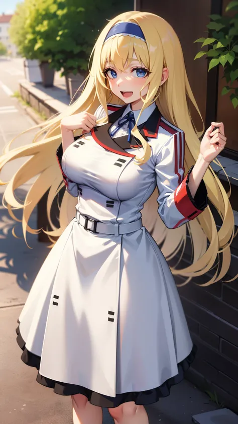 , , solo, ,open mouth,cowboy shot,smile,,long hair,hair band,blonde hair,,,white uniform,long skirt,blue eyes,outdoor,curvy