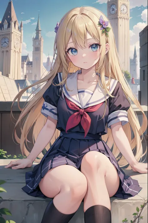 Gently stare, by krenz Cassiato , Asuka, is sitting, Asuka, anime styleイラスト, official art, high quality anime-style art, high resolution, anime style, (summer school uniform:1.2), (face close-up:0.8), (NSFW:1.1), ( blond and blue eyed), head accessory, (...