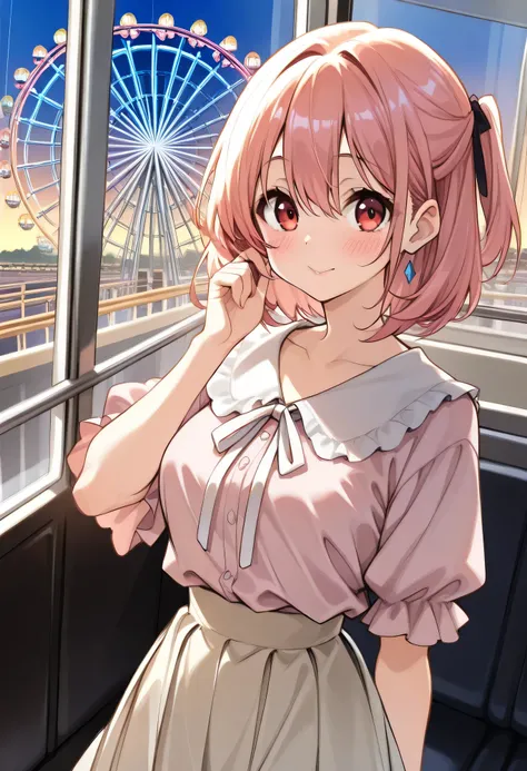 Highest Quality、high image quality、masterpiece、Detailed Background、detailed eyes、 age woman 、is anatomically correct、evening、inside the ferris wheel gondola、is blushing、(inside the ferris wheel gondolaで恥ずかしそうに向かい合って座る少女:1.5)、
Her cheeks and ears are bright...