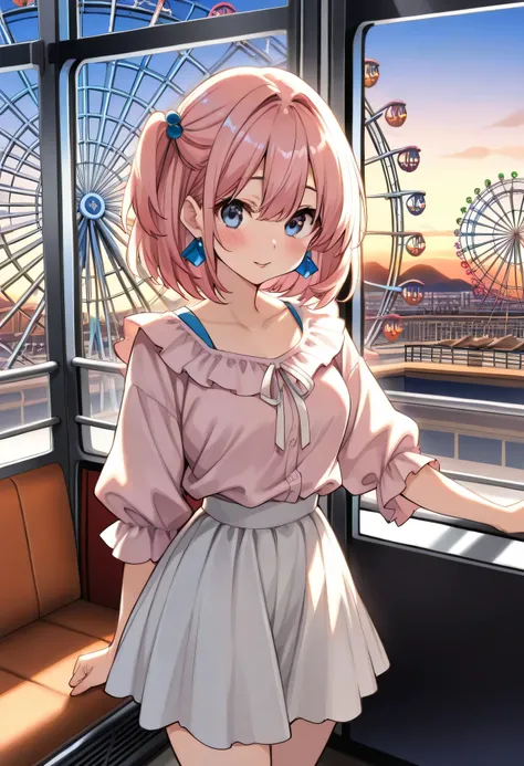 Highest Quality、high image quality、masterpiece、Detailed Background、detailed eyes、 age woman 、is anatomically correct、evening、inside the ferris wheel gondola、is blushing、(inside the ferris wheel gondolaで恥ずかしそうに向かい合って座る少女:1.5)、
Her cheeks and ears are bright...