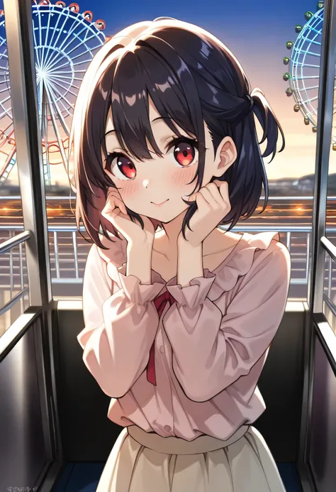 Highest Quality、high image quality、masterpiece、Detailed Background、detailed eyes、 age woman 、is anatomically correct、evening、inside the ferris wheel gondola、is blushing、(inside the ferris wheel gondolaで恥ずかしそうに向かい合って座る少女:1.5)、
Her cheeks and ears are bright...