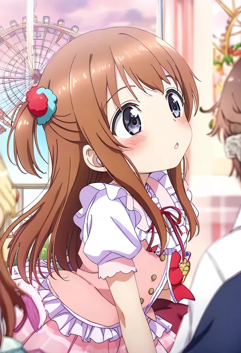 Highest Quality、high image quality、masterpiece、Detailed Background、detailed eyes、 age woman 、is anatomically correct、evening、inside the ferris wheel gondola、is blushing、(inside the ferris wheel gondolaで恥ずかしそうに向かい合って座る少女:1.5)、
Her cheeks and ears are bright...