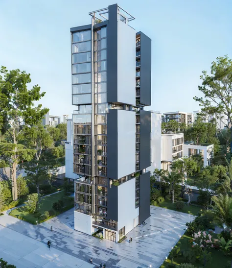 20 floor Apartment building by BIG, surrounded by small houses, lawn, walkways. Realistic. people on walkways, roof top gardens, in acity