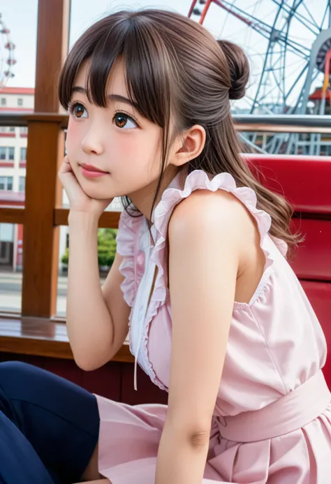 Highest Quality、high image quality、masterpiece、Detailed Background、detailed eyes、 age woman 、is anatomically correct、evening、inside the ferris wheel gondola、is blushing、(inside the ferris wheel gondolaで恥ずかしそうに向かい合って座る少女:1.5)、
Her cheeks and ears are bright...