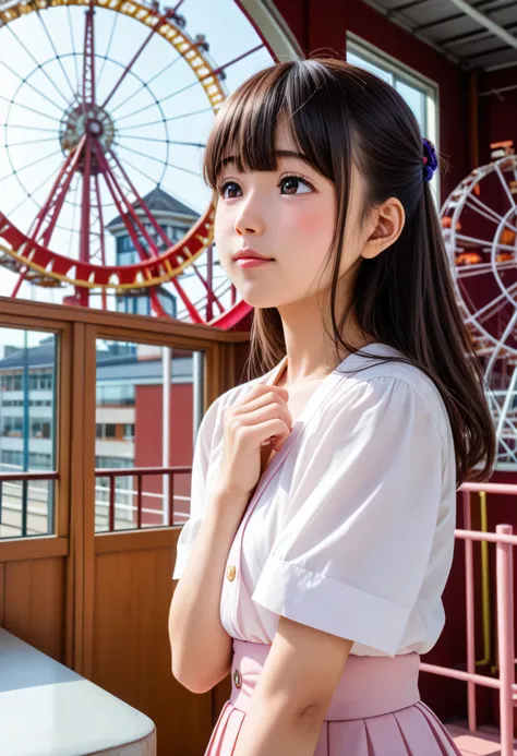 Highest Quality、high image quality、masterpiece、Detailed Background、detailed eyes、 age woman 、is anatomically correct、evening、inside the ferris wheel gondola、is blushing、(inside the ferris wheel gondolaで恥ずかしそうに向かい合って座る少女:1.5)、
Her cheeks and ears are bright...