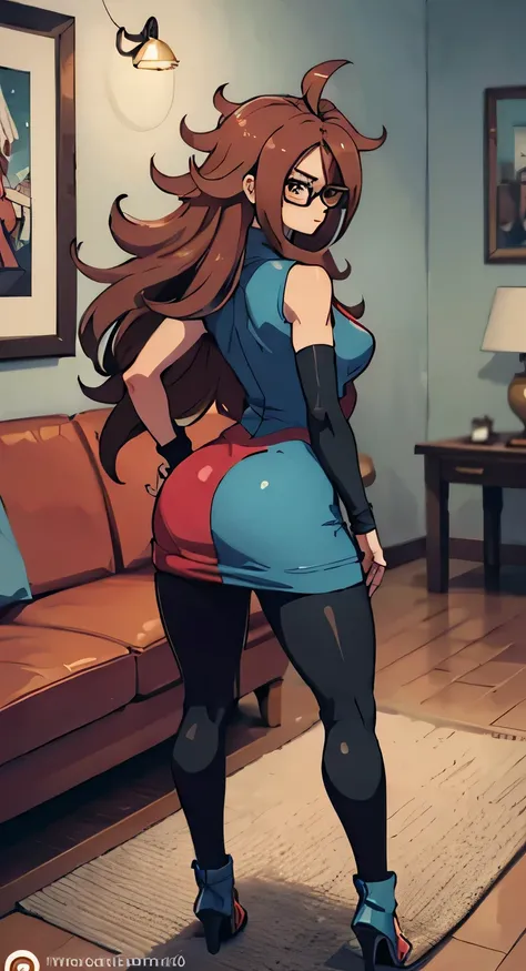 android 21, copos, grade glasses long brown hair, olhos azuis, Plaid Dress,  pantyhose , looking to the side, side posture,  standing, ele está  standing, Serious, legs open, living room, light bulb, high quality, work of art, thick legs, big ass, healed b...