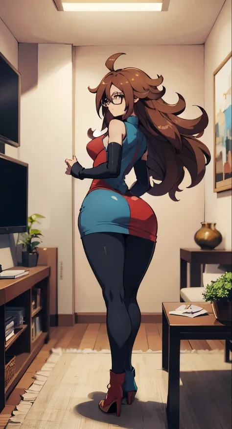 android 21, copos, grade glasses long brown hair, olhos azuis, Plaid Dress,  pantyhose , looking to the side, side posture,  standing, ele está  standing, Serious, legs open, living room, light bulb, high quality, work of art, thick legs, big ass, healed b...