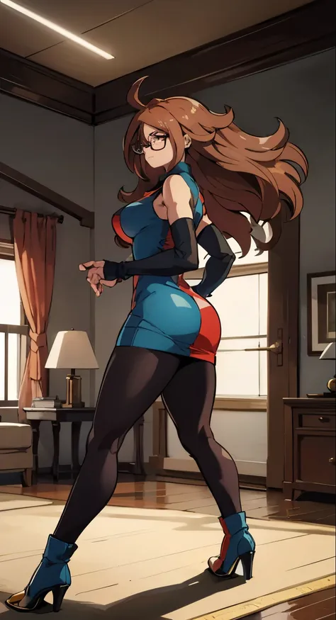 android 21, copos, grade glasses long brown hair, olhos azuis, Plaid Dress,  pantyhose , looking to the side, side posture,  standing, ele está  standing, Serious, legs open, living room, light bulb, high quality, work of art, thick legs, big ass, healed b...