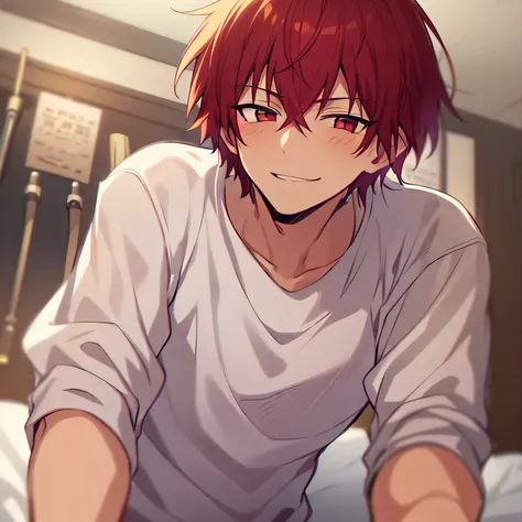masterpiece、Great Quality、high resolution、newest、Super Detail、The most detailed eyes、most detailed face、Most detailed hair、very detailed body、1 man、21 years old、is manly、Short Hair、 look down、lucky、blushes cheeks、smile、red eyes