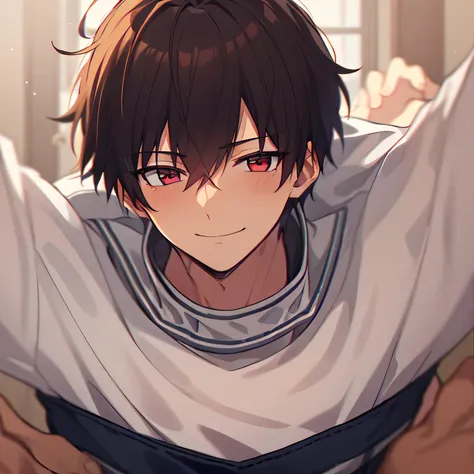 masterpiece、Great Quality、high resolution、newest、Super Detail、The most detailed eyes、most detailed face、Most detailed hair、very detailed body、1 man、21 years old、is manly、Short Hair、 look down、lucky、blushes cheeks、smile、red eyes