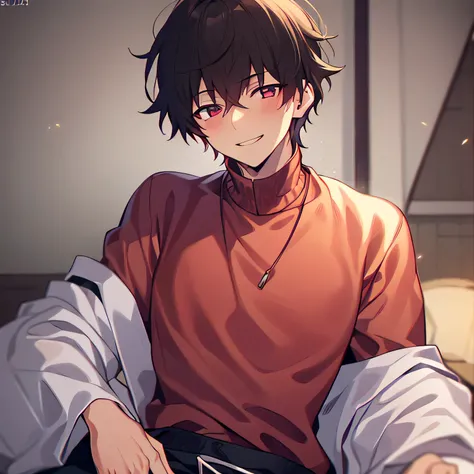 masterpiece、Great Quality、high resolution、newest、Super Detail、The most detailed eyes、most detailed face、Most detailed hair、very detailed body、1 man、21 years old、is manly、Short Hair、 look down、lucky、blushes cheeks、smile、red eyes