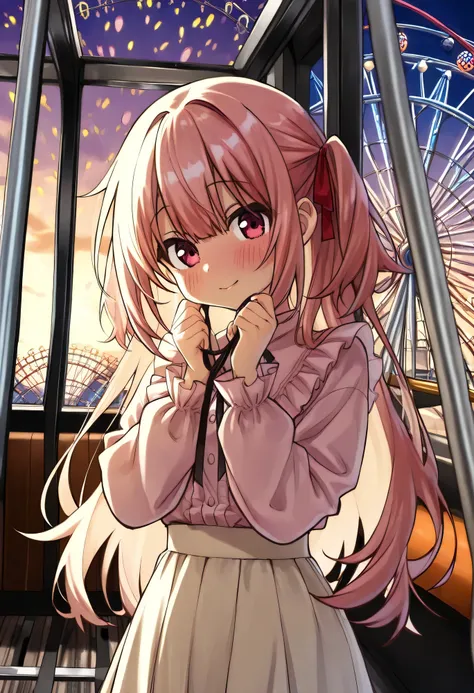 Highest Quality、high image quality、masterpiece、Detailed Background、detailed eyes、 age woman 、is anatomically correct、evening、inside the ferris wheel gondola、is blushing、(inside the ferris wheel gondolaで恥ずかしそうに向かい合って座る少女:1.5)、
Her cheeks and ears are bright...