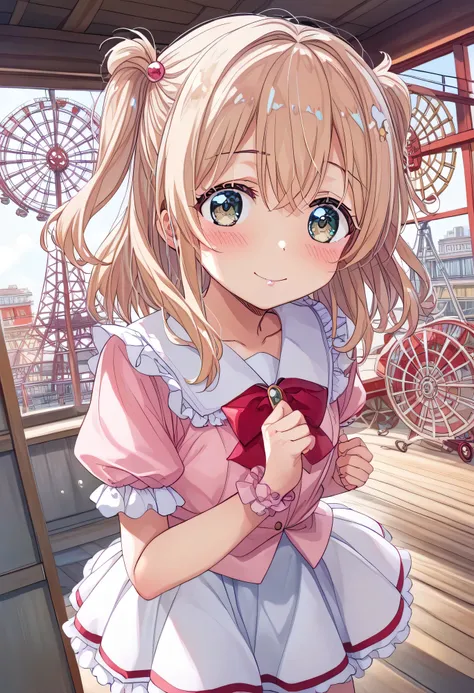 Highest Quality、high image quality、masterpiece、Detailed Background、detailed eyes、 age woman 、is anatomically correct、evening、inside the ferris wheel gondola、is blushing、(inside the ferris wheel gondolaで恥ずかしそうに向かい合って座る少女:1.5)、
Her cheeks and ears are bright...