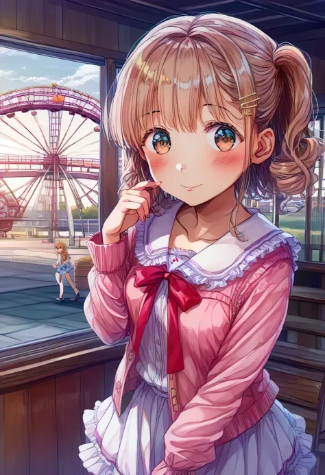 Highest Quality、high image quality、masterpiece、Detailed Background、detailed eyes、 age woman 、is anatomically correct、evening、inside the ferris wheel gondola、is blushing、(inside the ferris wheel gondolaで恥ずかしそうに向かい合って座る少女:1.5)、
Her cheeks and ears are bright...