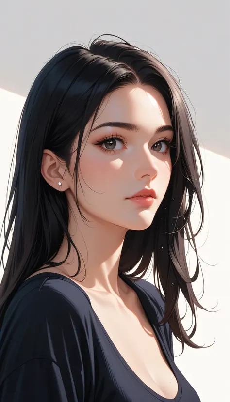 Female 1, medium long hair, black hair, chest, dark eyes, simple background/ no background , vertical drawing style , lots of white space, Illustrations, 黒いドレスHigh Quality, 最High Quality , High Detail , High Quality, HD model, very well detailed,
