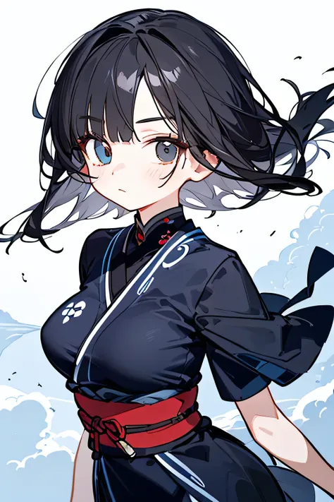 NINJA WIND,((One Eye Concealed Hair)),mystical atmosphere, natural body,(Short sleeves+arm cover=Navy Blue Ninja Outfit,)High Niso,detailed clothes,(slender figure,marshmallow breasts ,),beautiful black hair,well-groomed face,Clear Skin,Fair skin,Japanese ...