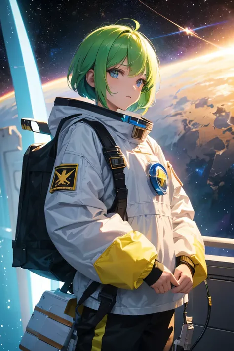 spaceship, Captain Future, comet, Extremely detailed and beautiful design, illustrations, masterpiece,best quality, high resolution, 8k, sf, SPACE FANTASY, Extremely beautiful、Skillfully designed , Very Fine and Beautiful Colors , anime girl with short g...