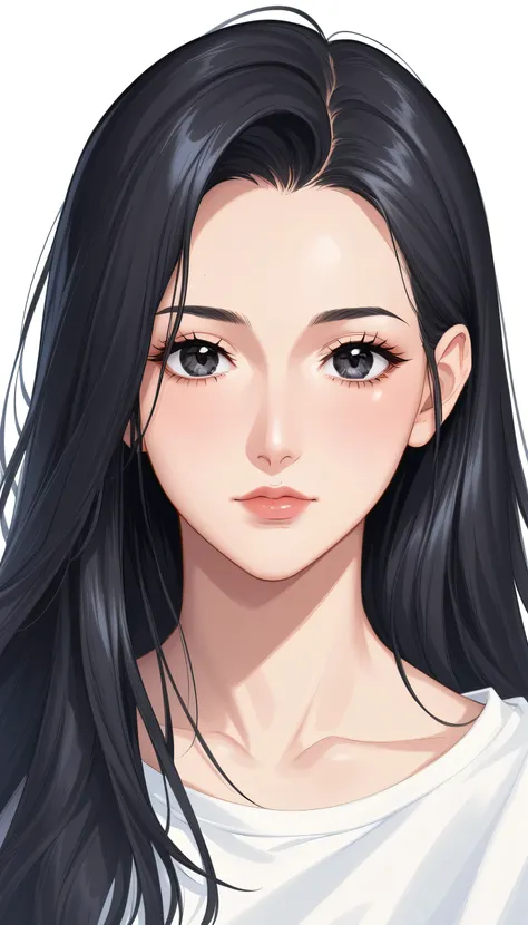 Female 1, medium long hair, black hair, chest, dark eyes, simple background/ no background , vertical drawing style , lots of white space, Illustrations, 黒いドレスHigh Quality, 最High Quality , High Detail , High Quality, HD model, very well detailed,