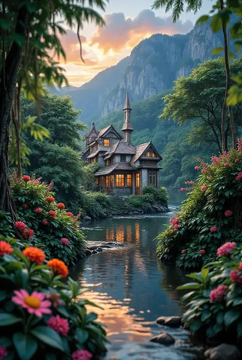 a small village by the river, mountains in the background, floral flowers colorful, detailed landscape, Beautiful natural landscapes, atmospheric lighting, scorching sunset, warm colours, practical, photopractical, Detailed Foliage, complex buildings, cobb...
