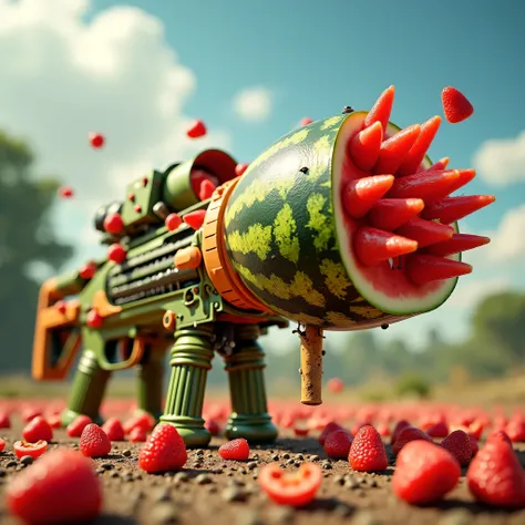 A masterpiece depiction of a high-quality fruit weapon, featuring a watermelon seed machine gun with watermelons loaded into the magazine. The scene showcases a unique blend of creativity where the whimsical meets the deadly, offering a surreal and visuall...