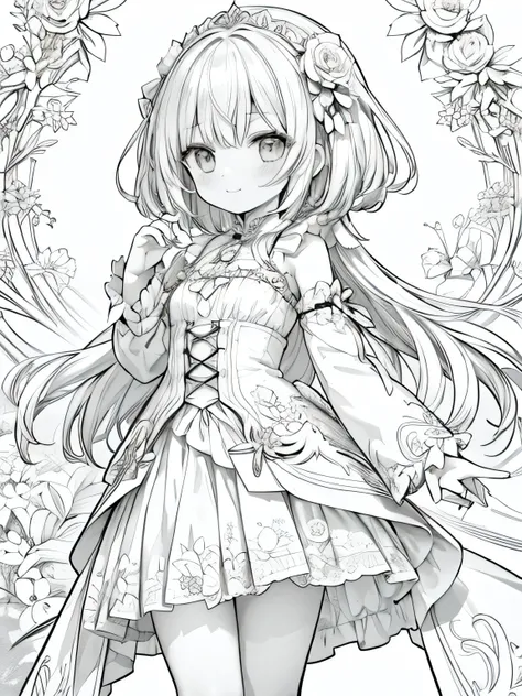 Create a coloring page with a white Hintergrund and detailed floral designs. The outlines should be thick and easy to color.,line art background, Hintergrund, monochrome, Linie Kunst, ((Skizze)),highest quality,Meisterwerk,monochrome,lineart,Einzelfarbe,Cr...