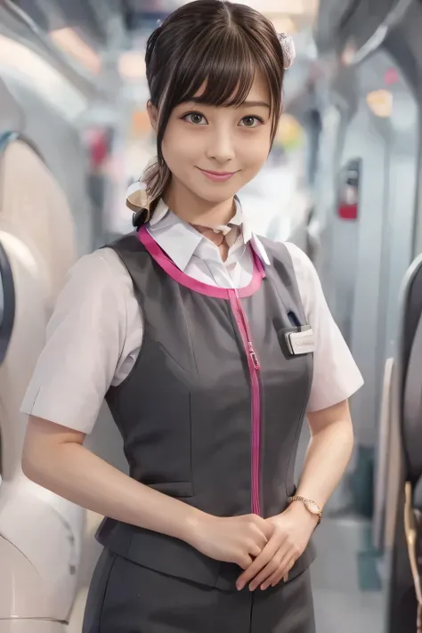 (masterpiece:1.2, Highest Quality:1.2), 32kHDR, high resolution, (alone、one girl)、( station platform waiting for streetcars、Professional Writing)、Empty station platform waiting for streetcars background 、( Realistic style of JR GranClass Attendant Uniform)...