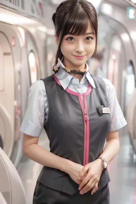 (masterpiece:1.2, Highest Quality:1.2), 32kHDR, high resolution, (alone、one girl)、( station platform waiting for streetcars、Professional Writing)、Empty station platform waiting for streetcars background 、( Realistic style of JR GranClass Attendant Uniform)...