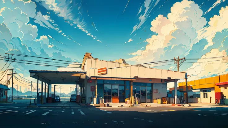 Gas station, Vibrant colors, Very detailed, Masterpiece quality, partly cloudy, telephone pole, Wide-angle view