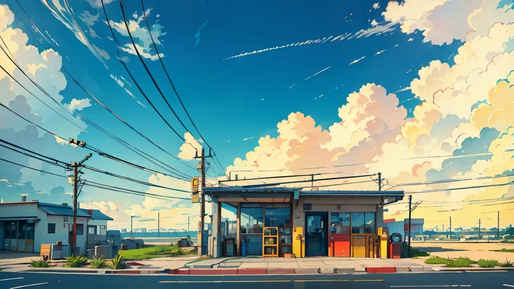 Gas station, Vibrant colors, Very detailed, Masterpiece quality, partly cloudy, telephone pole, Wide-angle view