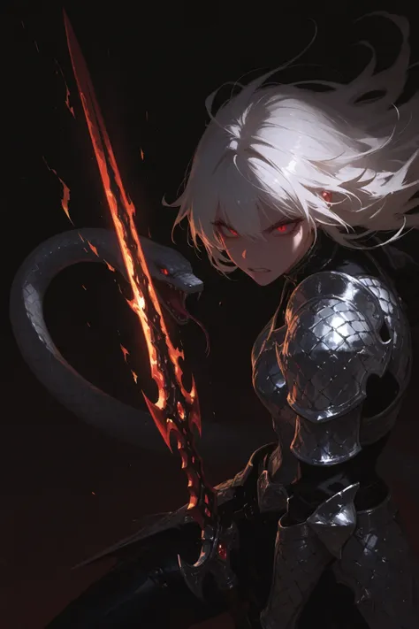 (masterpiece, best quality),solo, beautiful witch who handles flame weapon,the witch\(long white hair,sharp eyes,red eyes,angry eyes,silver metallic snake scale armor\),simple background,[[dark horror essence]], angry expression,flame shaped as snake,the s...