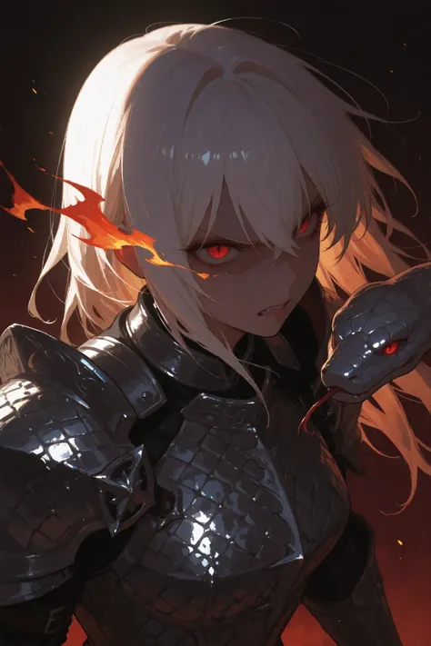 (masterpiece, best quality),solo, beautiful witch who handles snake of flame ,the witch\(long white hair,sharp eyes,red eyes,angry eyes,silver metallic snake scale armor\),simple background,[[dark horror essence]], angry expression,flame shaped as snake,th...