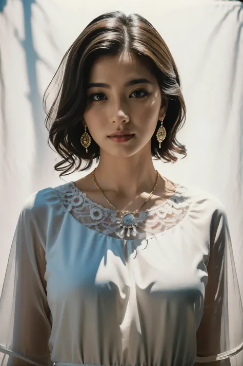 Highest Quality,masterpiece, max resolution,Brilliant Light and Shadows,Contrast,Beautiful Japanese Women,she's looking at the camera,Highest Qualityのリアルな質感の肌,Highest Qualityのテクスチャの髪, Natural Bob ,wavy hair with a graceful expression, Hair,Perfectly round ...