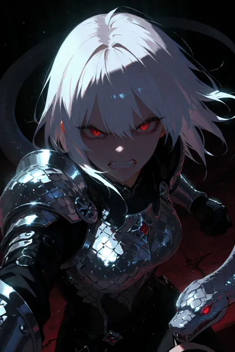 (masterpiece, best quality),solo, beautiful witch\(long white hair,sharp eyes,red eyes,angry eyes,silver metallic snake scale armor\),[[dark horror essence]],her angry expression,a metallic snake is aggressive and protecting her,dynamic scene,cinematic lig...