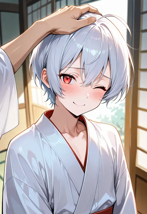 score_9, score_8_up, score_7_up, source_anime, masterpiece, solo, ((femboy)), ((feminine male)), ((Ahoge)), White very-short hair, red eyes,((((white kimono)))), kind smile, one eye closed, blush, BREAK ((headpat)),((Japanese bedroom), upper body,  in the ...