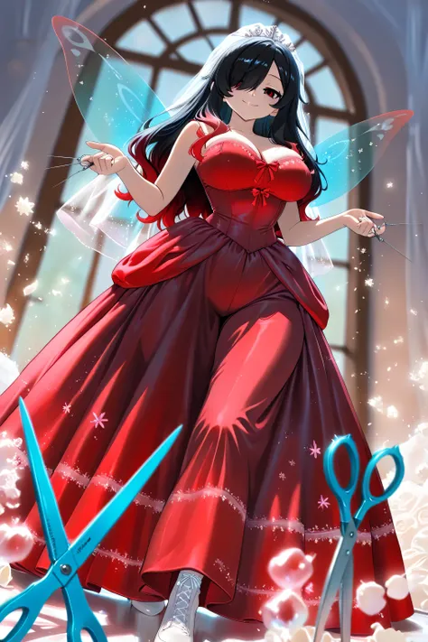1 girl, Kuroki Monika, red eyes, gradient hair, black hair, red hair, long hair, asymmetrical hairline, hair over right eye, ((large breasts)), (petite but curvy), very cute, lovely, solo, standing in the center wearing a red dress, many Little fairies wi...