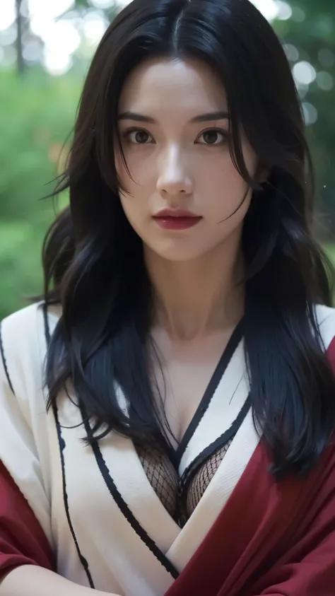 "A hyper-realistic depiction of Kurenai Yuhi from Naruto Shippuden in real life. A beautiful woman with fair skin, long black wavy hair, deep red eyes, and a calm, graceful expression. Wearing her signature mesh-style outfit with a long white robe, moderni...
