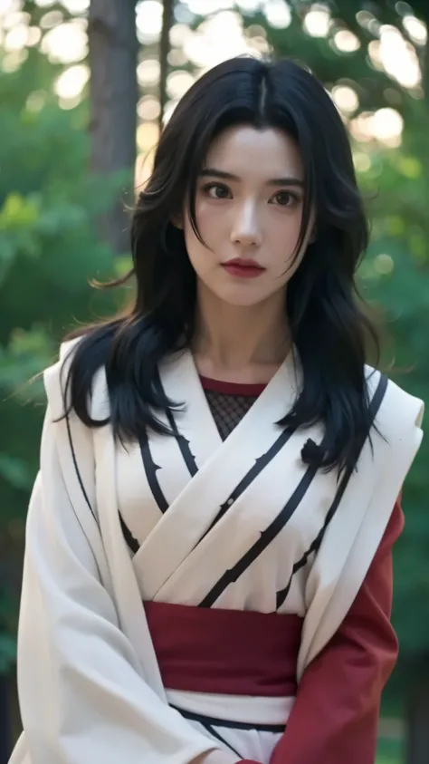 "A hyper-realistic depiction of Kurenai Yuhi from Naruto Shippuden in real life. A beautiful woman with fair skin, long black wavy hair, deep red eyes, and a calm, graceful expression. Wearing her signature mesh-style outfit with a long white robe, moderni...