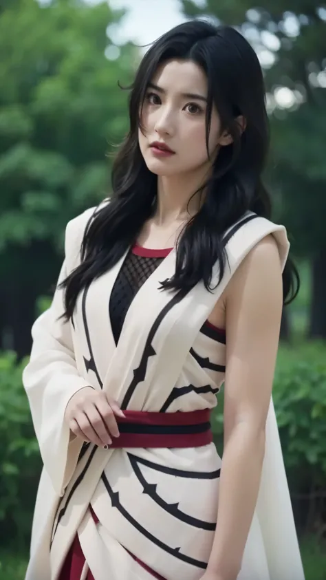 "A hyper-realistic depiction of Kurenai Yuhi from Naruto Shippuden in real life. A beautiful woman with fair skin, long black wavy hair, deep red eyes, and a calm, graceful expression. Wearing her signature mesh-style outfit with a long white robe, moderni...